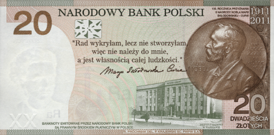 20 zł 100. rocznica przyznania Nagrody Nobla Marii Skłodowskiej-Curie